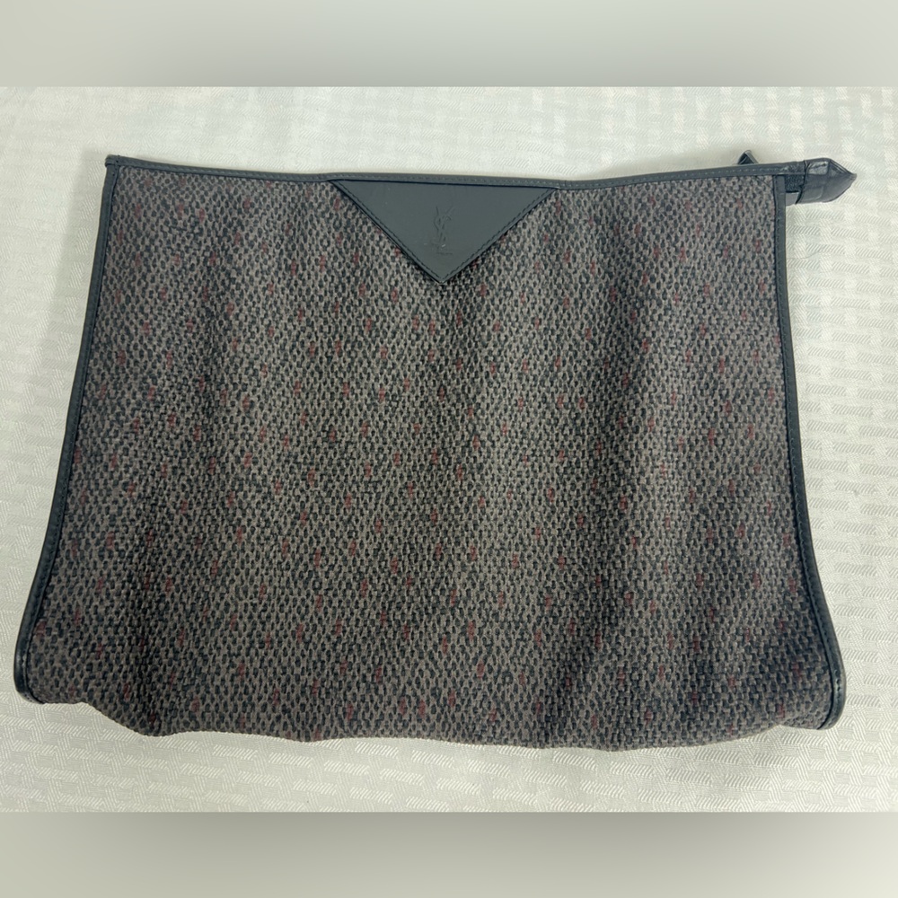 7035: Vintage Yves Saint Laurent Woven Zip Pouch / Document Clutch-Leather Trim